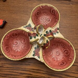 World Bazaars Red Clover Shape Ceramic 3 Section Candy Dish - 11” Wide Vintage